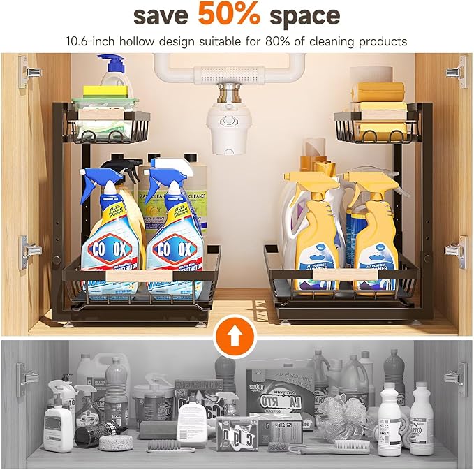 Sevenblue 2-Pack 2-Tier Height Adjustable Under Sink Organizer & Storage | Multi-purpose storage for kitchen & bathroom cabinet. Extra Large brown shelf, height adjustable design for space-saving.