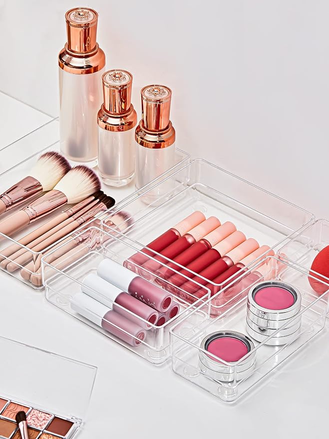 SMARTAKE 13 PCS Drawer Organizer 5-Size Desk Makeup Drawer Organizer Clear | Storage Trays for Makeup with Non Slip Silicone Pads, Jewelries, Utensils in Bedroom Dresser, Office, Kitchen and Bathroom