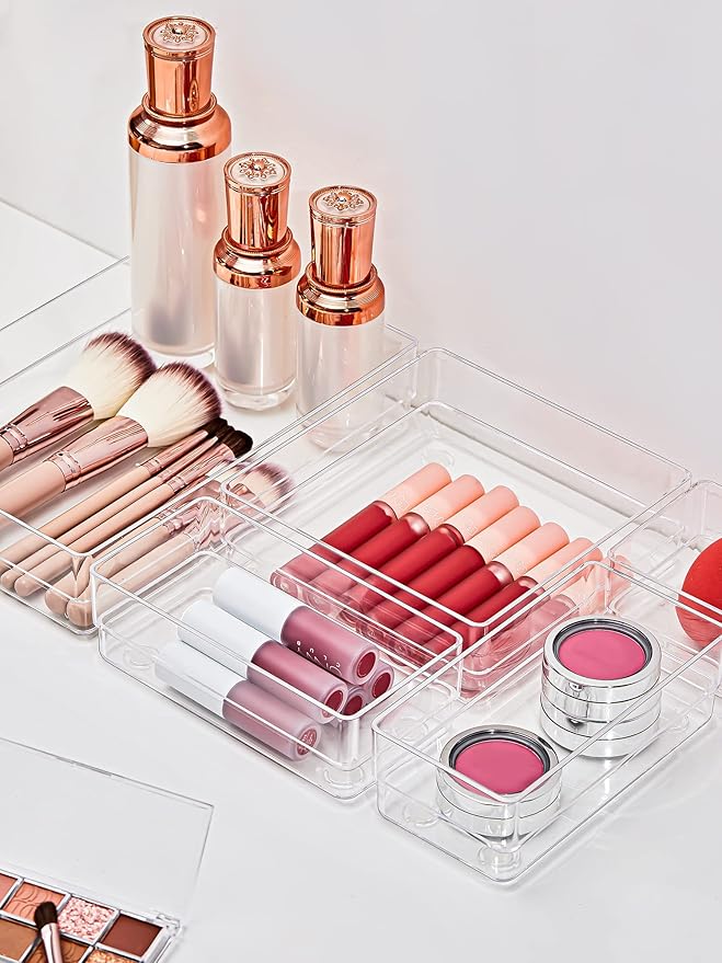 SMARTAKE 16 PCS Drawer Organizer, 5-Size Desk Bathroom Drawer Organizer | 5-Size Storage Tray with Non-Slip Silicone Pads for Makeup, Jewelries, Utensils in Bedroom Dresser, Office and Kitchen, Clear