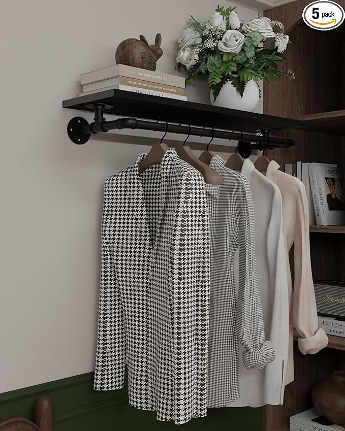Black Clothes Rack 36in, Wall Mounted Garment Rack with Black Real Wood Shelf, Heavy Duty Hanging Clothes Rack, Multi-Purpose Hanging Rod, Space-Saving Closet Storage