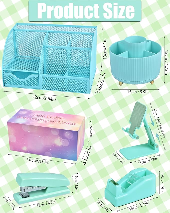 LXEVIHK 21Pcs Green and Blue Desk Organizers and Accessories With Mesh Desk Organizer and 360°Rotating Pen Holder and a Lot of Office Green Office Supplies Beautifully Presented in a Gift Box