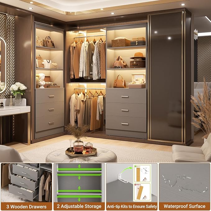 Aheaplus 47.2" Closet Drawers System, 3.94FT Wood Closet Organizer System with 3 Drawers, Modular Small Walk-in Closets Storage Unit, Set of 2, Grey (47.2" L x 13.8" W x 71" H)