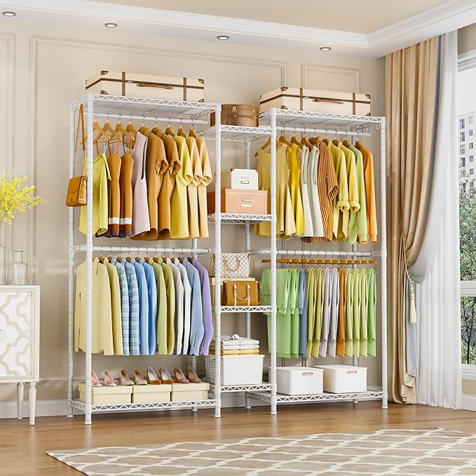 Ulif E4 Clothes Rack, Heavy-Duty Garment Rack, Metal Freestanding Clothing Organization Storage System Can Be L-shaped with Shelves and Hangers, Max Load 962lbs, 71.6" W x 14.5" D x 79.3" H, White | Metal Freestanding Clothing Organization Storage Syst...