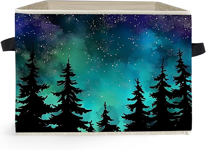 Starry Night Forest Storage Box Bins, Galaxy Star Sky Pine Tree Woods Collapsible Storage Basket Organizer for Bedroom Bathroom Home Clothes Books, Decor for Room