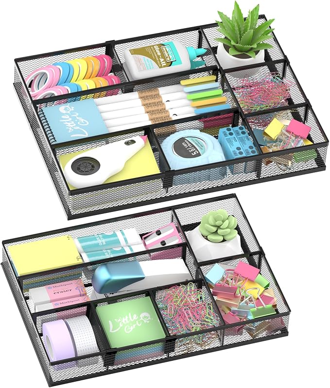 2 Pack Desk Drawer Organizer with Adjustable Dividers, Black | Metal Mesh Desk Organizers for Office Supplies, Makeup, Kitchen & Vanity