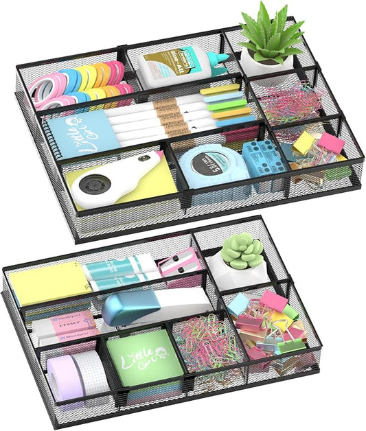 2 Pack Desk Drawer Organizer with Adjustable Dividers, Black | Metal Mesh Desk Organizers for Office Supplies, Makeup, Kitchen & Vanity