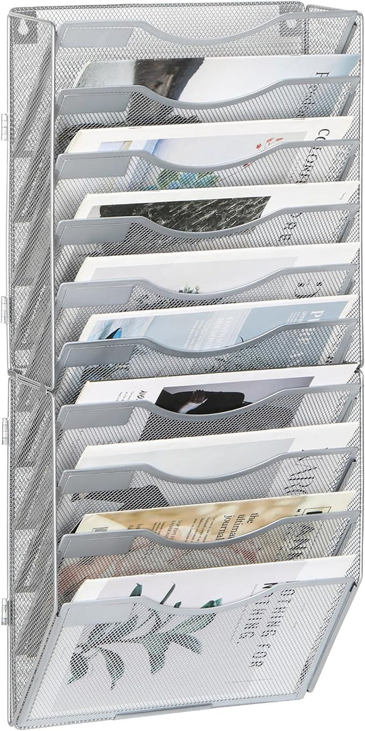 EasyPAG Wall File Organizer for Office 10 Pocket Mesh Wall Mounted Paper Organizer Hanging Folder Holder with Nametag Label for Home School, Silver