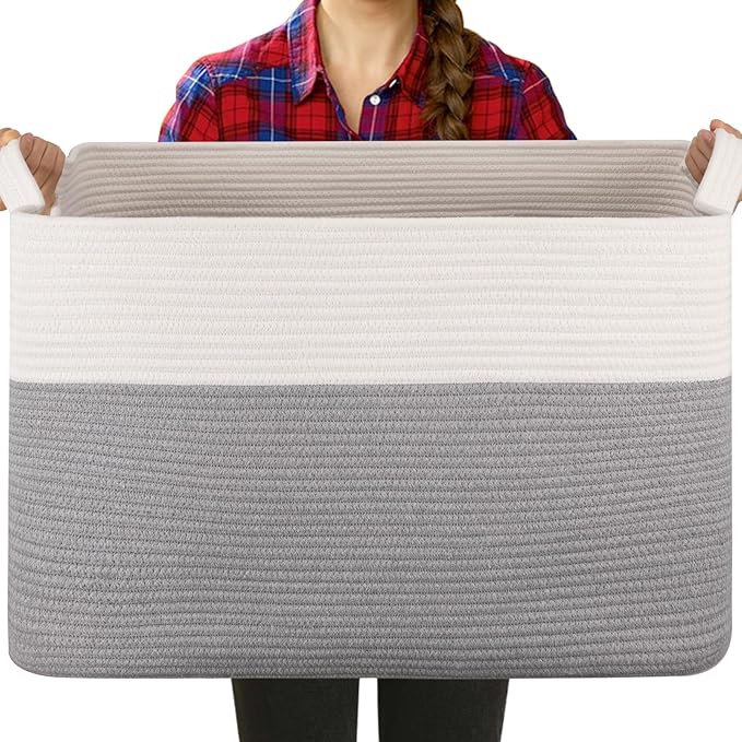 Extra Large Laundry Basket, 95L Blanket Basket for Living Room, Cotton Rope Toy Storage for Kids, Woven Baskets for Clothes, Towels, Pillows, 24" x 17" x 14", Grey and White