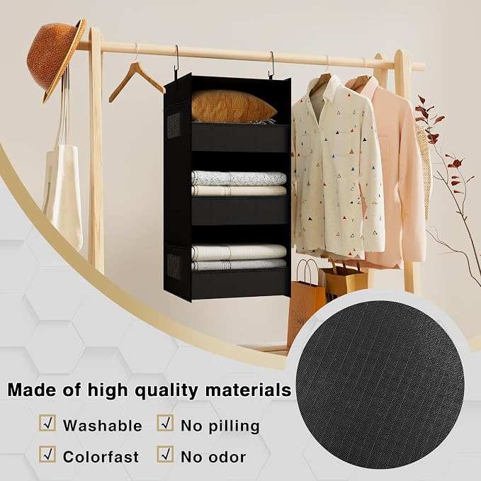 3-Shelf Hanging Closet Organizer, Washable Foldable Storage Shelves, Black | Front lip keeps items secure; side pockets add room; Oxford fabric handles towels, shirts, baby items, dorms, RVs or travel.