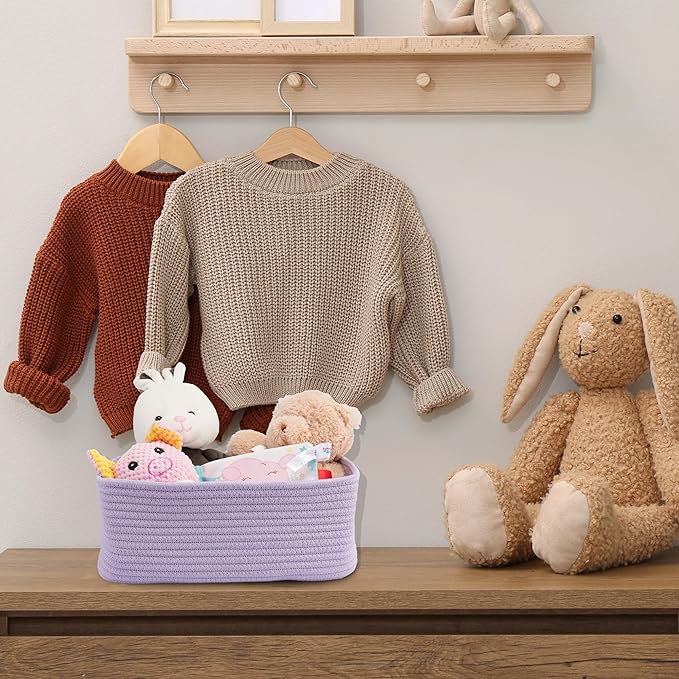 XUANGUO Small Woven Storage Baskets for Shelves, 12" x 8" x 5", Purple | Decorative rope storage bins for closets and toy storage; cute organizer baskets, empty gift baskets and nursery storage.
