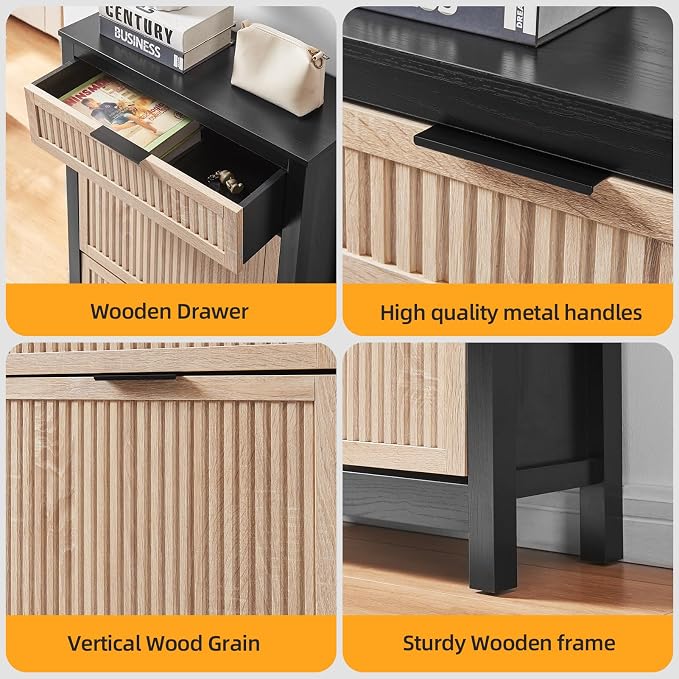 2-Flip Drawer Shoe Cabinet Narrow Entryway Rack, Oak&Black | Vertical Wood Grain, Metal Handles, Adjustable Compartments, Removable Shelf, Anti-Tip Device, for Hallway Foyer Entryway