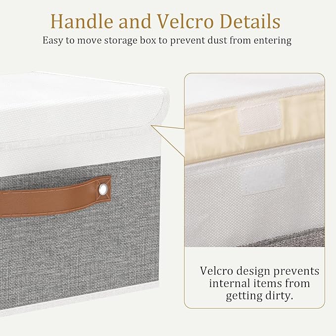 OUTBROS Large Foldable Storage Bins, 13x9.1x7.9 inch (White/Grey, 1-Pack) | Linen Fabric Box with Lid, Organiser for Shelves, Cubes For Towels, Clothes