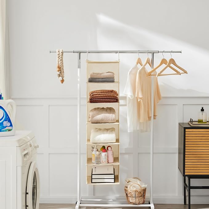 MAX Houser 6 Tier Shelf Hanging Closet Organizer, Closet Hanging Shelf with 2 Sturdy Hooks for Storage,2 Pack, Foldable (Yellow)