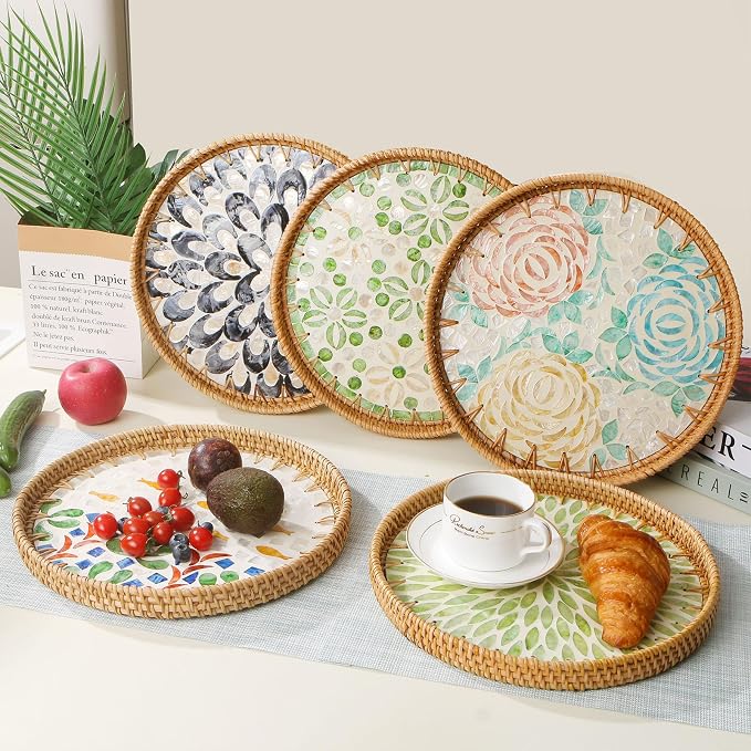 Round Rattan Tray with Mother of Pearl Inlay, Wooden Base | Coffee Table Serving Tray, Home Decorative Wicker Woven, for Outoor Patio Decor