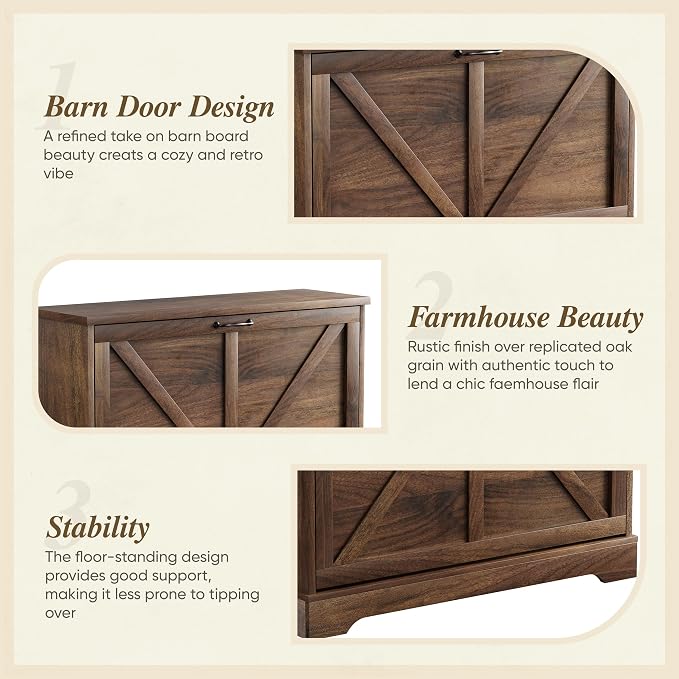 Semiocthome Farmhouse Shoe Storage Cabinet with 2 Flip Drawers, 31.5"(W) Freestanding Shoe Organizer with Barn Door and Metal Handles for Entryway, Corner Rustic Narrow Shoe Rack Cabinet - Walnut