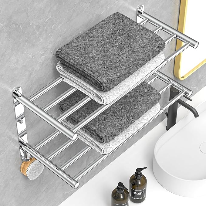 CAXIMSY Adjustable Towel Bar for Bathroom Wall Mount17-30.7inch Adhesive Shower Towel Rack Stainless Steel Bath Towel Holders for Toilet Kitchen Double Towel Hanger (Double Towel Rack)