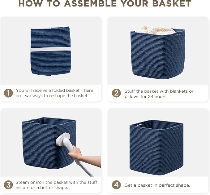 joybest 13inch Cube Storage Bins, Cotton Rope Woven Organizer Basket | Set of 4 Cube Bin Square Shelves Organizer Closet Storage, Nursery, Toy Organization, Navy Blue