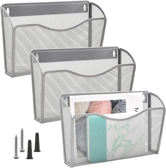 EASEPRES 3 Single Pocket Mesh Hanging File Organizer, Vertical Wall Mounted Magazine File Holder, Mount Basket Mail Paper Document Folder Organizing for Office, Home and School, Silver
