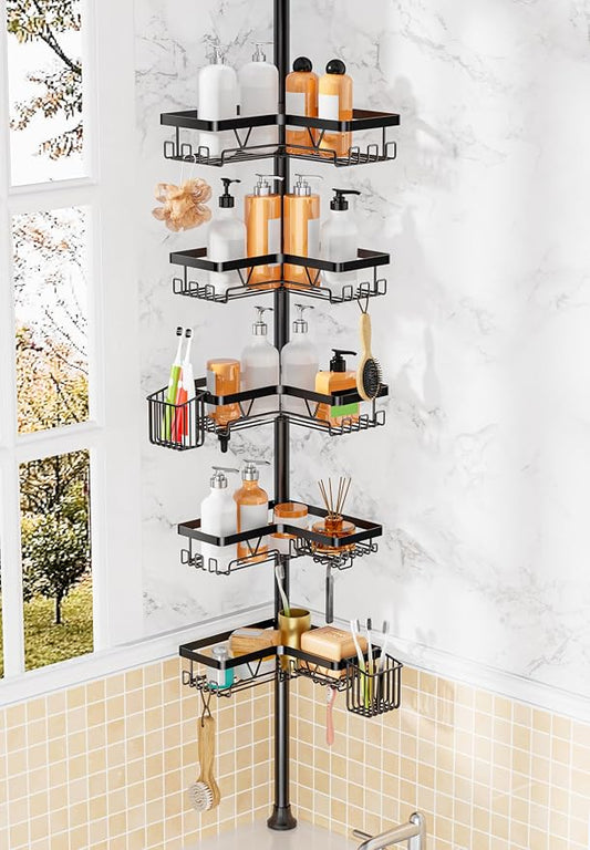 DAOYA Adjustable Tension Pole Shower Caddy, 5-Tier Stainless Steel Shower Shelf Organizer with 2 Movable Toothbrush Holders, 25-115 Inches Extendable Bath Tub Conner Storage Shelf for Family, Black