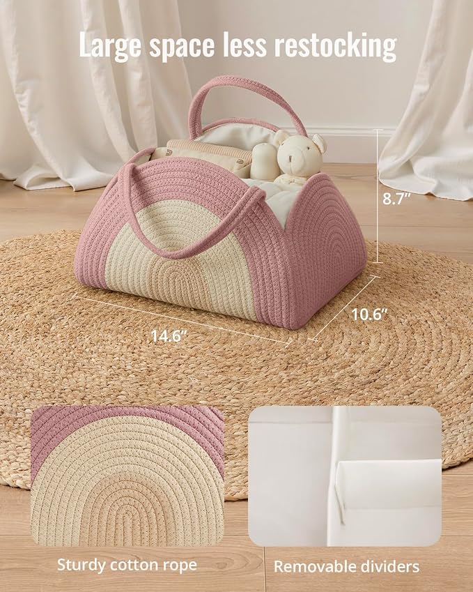 Blissful Diary Baby Diaper Caddy Organizer, Cotton Rope Diaper Caddy Basket, Large Storage Basket for Newborn Boys and Girls, Gift for Baby Shower List, Newborn Essentials, Blush Rainbow