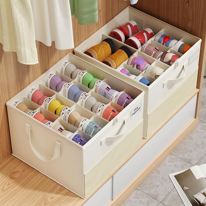 Plus Size 2 Pack Shoe Organizer for Closet, Foldable Shoe Storage Box | 16–24 Pair Shoe Storage for Sneakers, Boots & Heels with Adjustable Dividers, Clear Cover & Space Saving Closet Storage