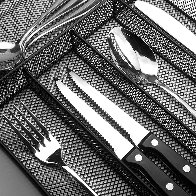 Sedegn mesh silverware tray for drawer: 6 Compartments for Easy Sorting | Sized at 11.3" x 16" for kitchen drawers with non-slip feet, metal mesh design for easy cleaning, organizing flatware Black