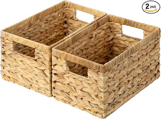 GRANNY SAYS Wicker Storage Baskets for Shelves, Wicker Baskets for Organizing, Water Hyacinth Woven Basket for Storage, Rectangle Basket for Pantry, Laundry, 2-Pack