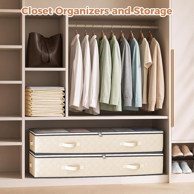 Budding Joy 90L Under Bed Storage Containers, 2 Pack Beige | Underbed organizers and clothing storage bags, closet storage bins with for blanket comforter bedding clothes bedroom dorm