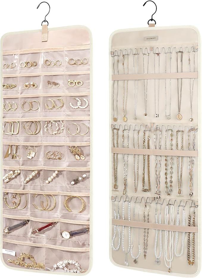 BAGSMART Hanging Jewelry Organizer Necklace/Earring/Ring 2-Sided L Beige | Jewelry Holder Organizer Storage with Hanger Metal Hooks Double-Sided Jewelry Holder on Closet, Wall, Door