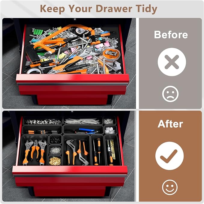 A-LuGei 【More Larger Size】 【69 PCS-5 Size】 Tool Box Organizer Tray Divider Set【Black】 Desk Drawer Organizer Bin, Garage Organization and Storage Toolbox for Rolling Tool Chest Cart Cabinet WorkBench