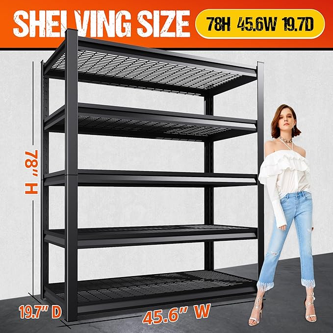 Set of 5 Heavy Duty Garage Shelving 5T Storage Shelves, Adjustable Metal Shelving Unit, Utility Garage Organizer Shelf for Basement, Pantry, Warehouse, Supermarket, 45.6" Wx19.7 Dx78 H