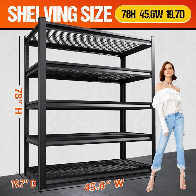 Set of 2 Heavy Duty Garage Shelving 5T Storage Shelves, Adjustable Metal Shelving Unit, Utility Garage Organizer Shelf for Basement, Pantry, Warehouse, Supermarket, 45.6" Wx19.7 Dx78 H