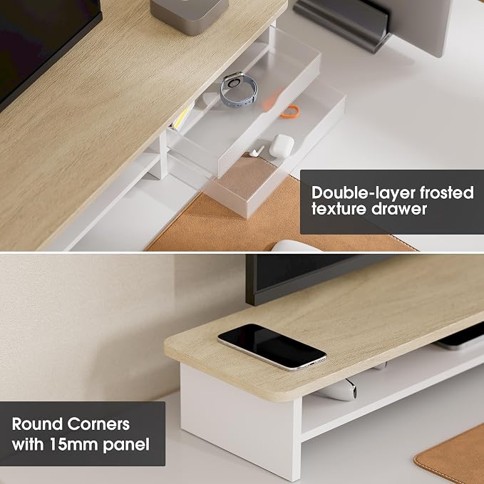 Fenge Monitor Stand, Desk Computer Riser with Frosted Storage Drawer, Oak | 42.5 Inch Dual Monitor Riser, 2 Tiers, Cable Management, Desk Shelf for 2 Monitors, Ultrawide Screen, Laptop, TV, Home Office