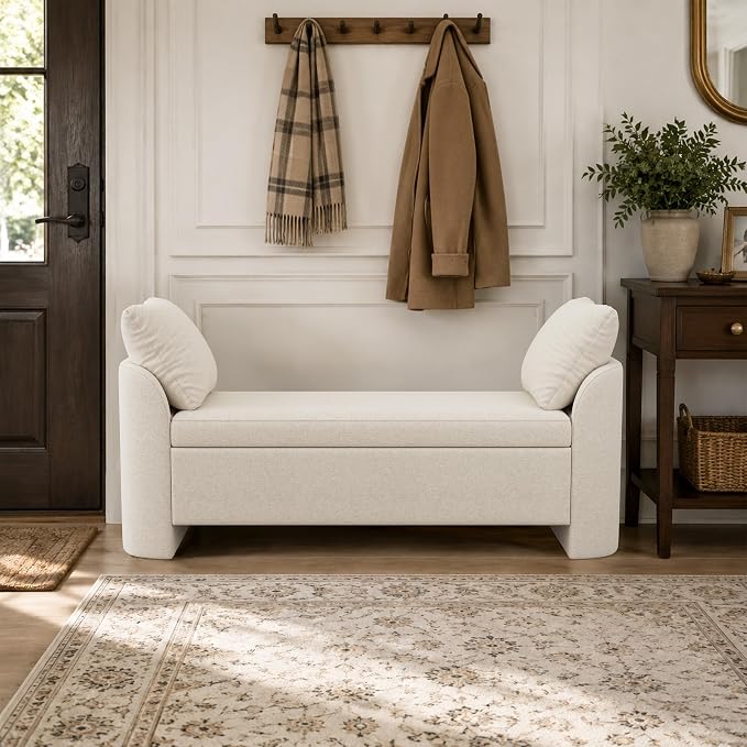 Usaint 58.3" Upholstered Storage Ottoman Bench with 2 Throw Pillows, Beige | End of Bed Bench with Curved Arms and Thickened Seat Cushion for Bedroom, Livingroom, Window, Entryway and Dressing Areas