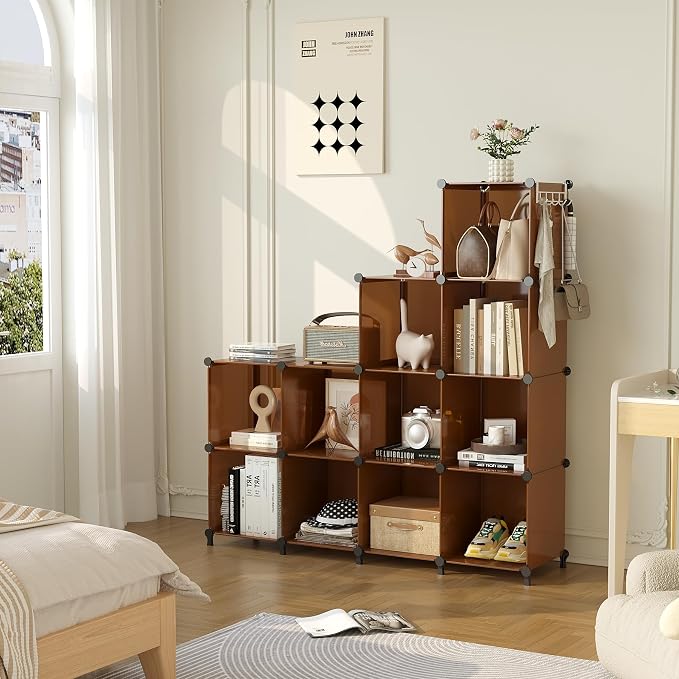 AWTATOS Closet Organizer, 12 Cube Storage Organizer Shelves, Cocoa Brown | Portable Closet Organizers Storage Shelves, DIY Stackable Bookshelf, Plastic Clothes Organizer Shelving for Home, Bedroom