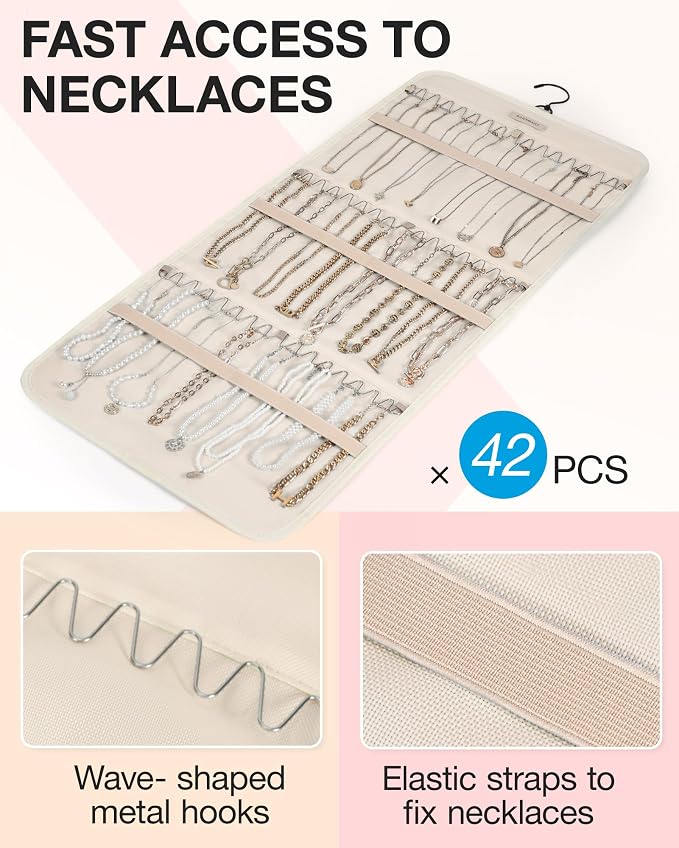 BAGSMART Hanging Jewelry Organizer Necklace/Earring/Ring 2-Sided L Beige | Jewelry Holder Organizer Storage with Hanger Metal Hooks Double-Sided Jewelry Holder on Closet, Wall, Door