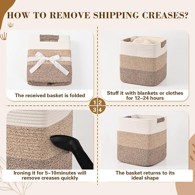 13 Inch Storage Cubes, 3 Pack Cube Storage Bins for Organizing, Cotton Rope Woven Baskets for Shelves, Bathroom, Kids Room, Closets, Baby Nursery