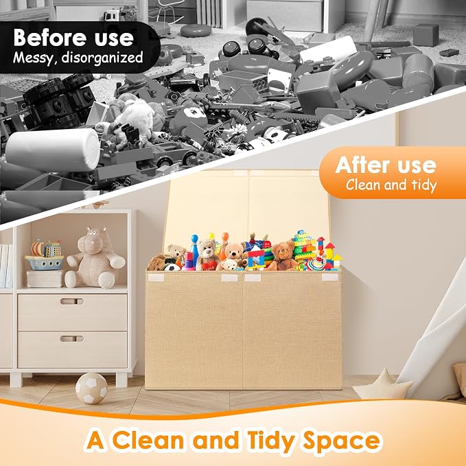 Large Toy Storage Box with Lid Upgraded Toy Chest Organizer with Removable PP Divider Foldable Toy Bin for Kids Boys Girls Linen Fabric Toy Box for Playroom Nursery Bedroom (25"x13"x16")