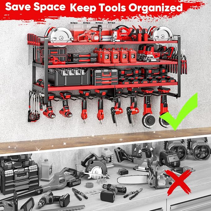 POKIPO Upgrade Large power tool organizer Wall Mount,4 Layers Heavy Duty Metal Loads 400lbs Power Tool Hanger Shelf Battery Storage with 8 Cordless Drill Bit Holder,Utility Racks for Garage Tool Room