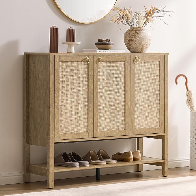 SICOTAS Rattan Shoe Cabinet with Storage, 30 Pairs Boho Shoe Organizer | Tall Farmhouse Shoe Rack Cabinet with 3 Doors & Adjustable Shelves for Entryway, Hallway, Living Room, Closet