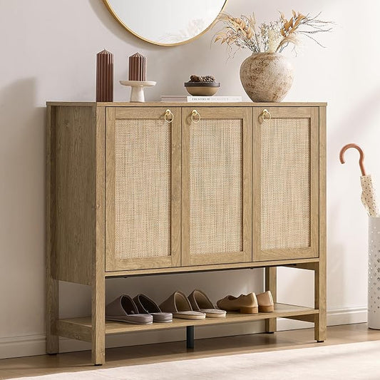 SICOTAS Rattan Shoe Cabinet with Storage, 30 Pairs Boho Shoe Organizer | Tall Farmhouse Shoe Rack Cabinet with 3 Doors & Adjustable Shelves for Entryway, Hallway, Living Room, Closet