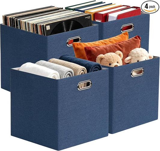 Posprica 13x13x13 Storage Cube Basket Bins, Set of 4, Army Blue | Storage Cube Bins 13x13,Foldable, For Closet Organizer Shelf Cabinet Bookcase, Thick Fabric Drawer
