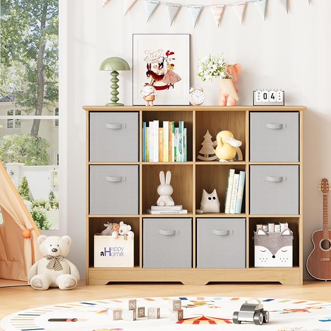 12 Cube Storage Organizer Shelf, Wood Cubby Storage with 6 Fabric Drawers | 3 Tier Wooden Bookshelf with 2 Adjustable Shelves, Fluted Side Panels Bookcase for Records, Books, Ornaments