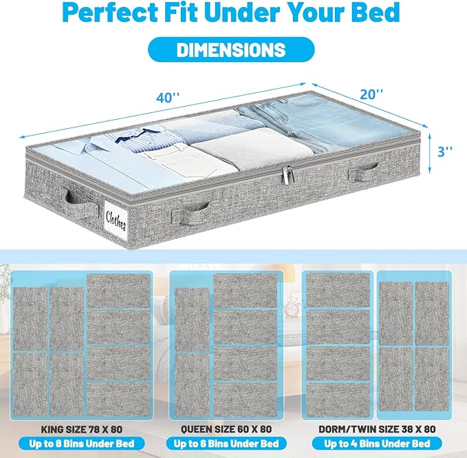 3 Inch Low Profile Under Bed Storage Drawer 4 Pack, Lightweight Underbed Clothes Storage Container Bins With NO STURCTURE, Shallow Storage Bag for Dorm & Home, With Clear Lids & Water-Resistant Fabric