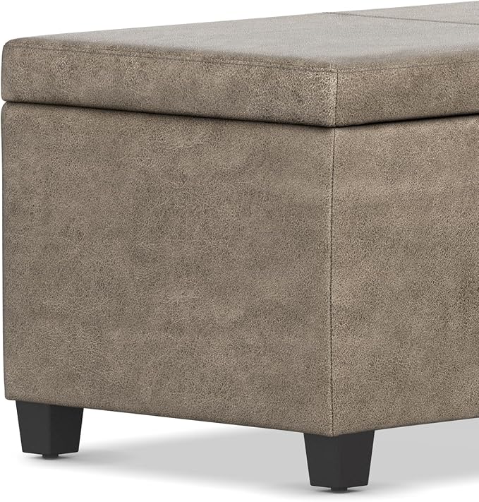SIMPLIHOME Avalon Storage Ottoman Bench - 48" Wide x 16" High Upholstered Vegan Leather Rectangular Lift-Top Ottoman in Distressed Smoky Grey Brown, Transitional Storage Bench with High-Density Foam