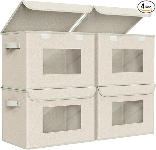 Univivi Collapsible Stackable Storage Bins with Lids [4-Pack] Foldable Fabric Closet Organizer Basket, Closet Organizers and Storage Cube Storage Bin for Home, Office, Bedroom (Beige, 17“ x 12” x 12")