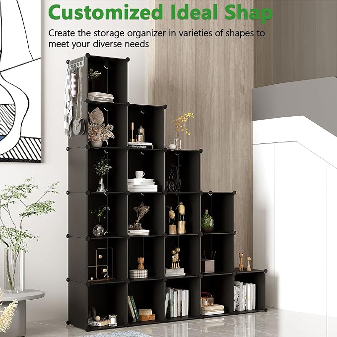 C&AHOME 20-Cube Shelf, Plastic Cube Storage Organizer, DIY Bookshelf Black | Stackable Modular Closet Cabinet Ideal for Bedroom, Living Room, Office, 48.4" L x 12.4" W x 60.6" H