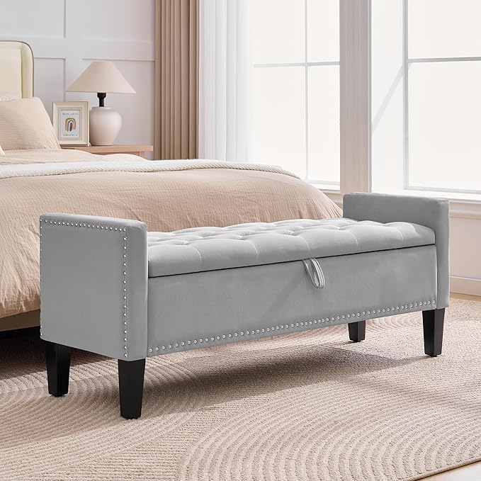 51" Storage Ottoman Bench, Velvet Large End of Bed Bench with Arms, Modern Storage Bench for Living Room, Bedroom, Entryway, Window, Holds up to 500 lb