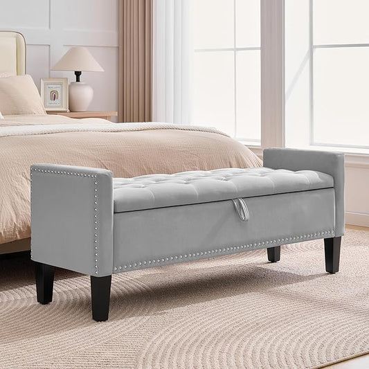 51" Storage Ottoman Bench, Velvet Large End of Bed Bench with Arms, Modern Storage Bench for Living Room, Bedroom, Entryway, Window, Holds up to 500 lb