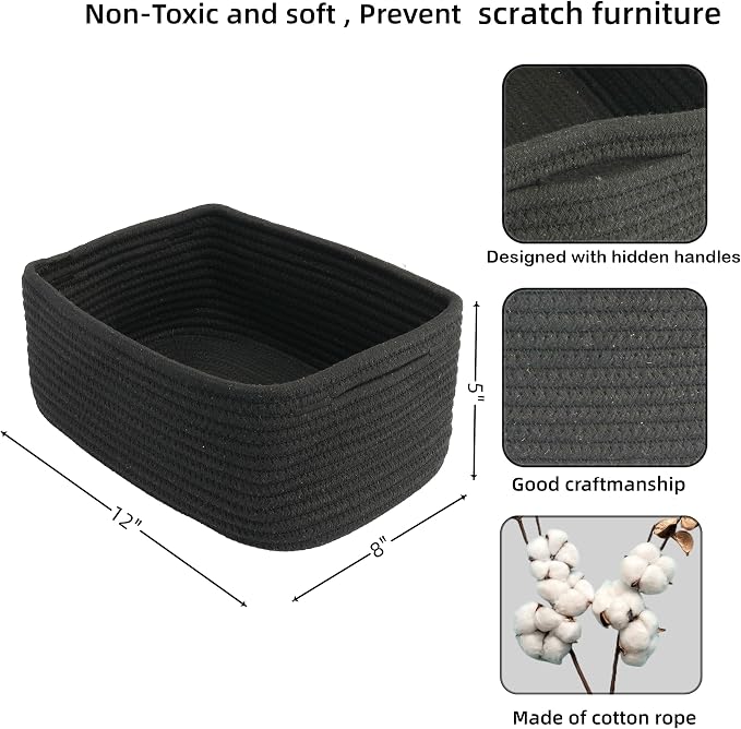 XUANGUO Small Woven Storage Baskets for Shelves, 12" x 8" x 5", Black | Decorative rope storage bins for closets and toy storage; cute organizer baskets, empty gift baskets and nursery storage.